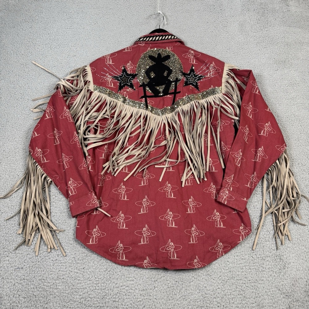 Barn Fly Shirt Womens Medium Western Rodeo Fringe Rockabilly Hand Made Art AOP - Picture 15 of 16